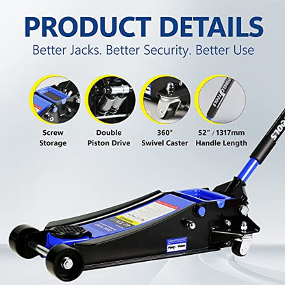 4T Low Profile Steel Floor Jack, 8000 lb, Dual Pump, 4"-21" Lift | Heavy-duty steel, dual-piston quick lift, low profile, 4"-21" range, overload safety protection. - size: 4T Dual Pump 4"-21"