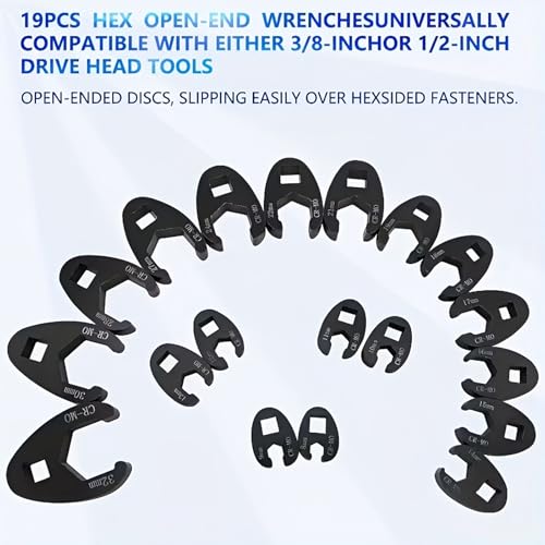 19-Piece Crows Foot Wrench Set, 3/8 and 1/2-Inch Drive, Metric 8-32 mm | Flare Nut Crowfoot Wrench Set Compatible with Ratchets for Automotive Repair and Maintenance