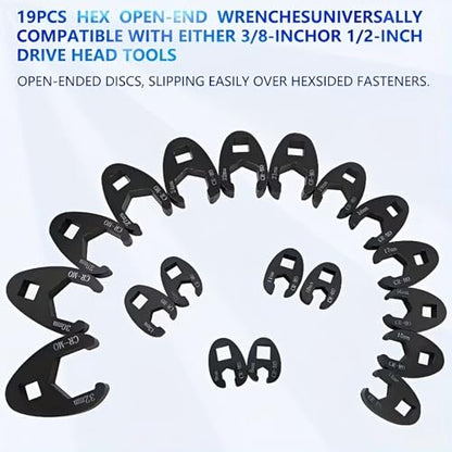 19-Piece Crows Foot Wrench Set, 3/8 and 1/2-Inch Drive, Metric 8-32 mm | Flare Nut Crowfoot Wrench Set Compatible with Ratchets for Automotive Repair and Maintenance