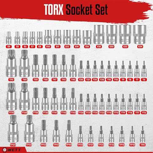 WETT Master Torx Bit Socket and External Torx Socket Set, 60-Piece 1/4", 3/8", 1/2" Drive E-Torx Sockets (E4-E24, T6-T70, TT6-TT70, TP8-TP60), S2 and CR-V Steel
