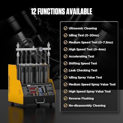 CT400 Fuel Injector Cleaner Tester Machine for GDI EFI FSI PIEZO Gasoline Injectors, 6-Injector Ultrasonic Cleaning and Testing Machine, 12/70/120V Injector Drive, 12 Functions, 110V