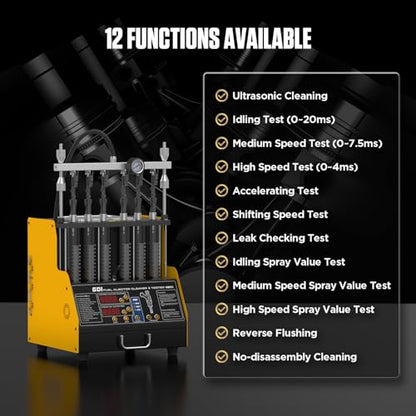 CT400 Fuel Injector Cleaner Tester Machine for GDI EFI FSI PIEZO Gasoline Injectors, 6-Injector Ultrasonic Cleaning and Testing Machine, 12/70/120V Injector Drive, 12 Functions, 110V