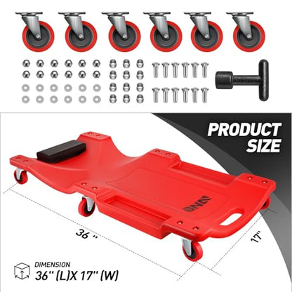 DNA MOTORING 36" L X 17" W x 4.25" H Vehicle Repair Low Profile Automotive Creeper w/Padded Headrest, Red, TOOLS-00201 - color: Red Wheel 36 Inches, size: 36 Inches