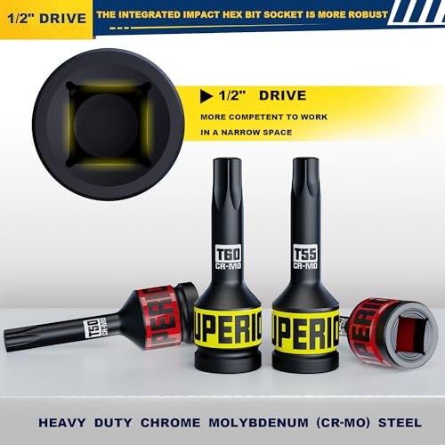 10 Piece 1/2" Drive Impact Torx Bit Socket Set, T25 - T80, Impact Star Bit Socket Set, CR-MO Steel, Automotive Machinery Repair Bicycle Servicing and Furniture Assembly - size: 1/2” Torx