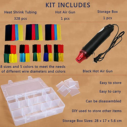 Heat Shrink Tubing Kit + Mini Heat Gun for Shrink Tubing - 328pcs 2:1 Wire Shrink Wrap Tubing + 300W Heat Shrink Gun with Storage Box - for Shrink Wraping,Wire and Cable Repair,Insulation Protector