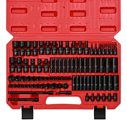 CASOMAN 1/4 Inch Drive Master Impact Socket Set with Adapters, U-Joint, Extensions & Torx Socket, 86-Piece, 6-Point, SAE/Metric, Standard/Deep, CR-V - size: 1/4" Drive