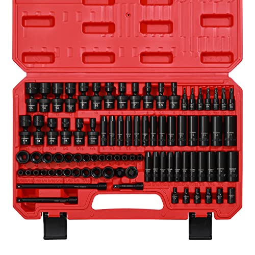 CASOMAN 1/4 Inch Drive Master Impact Socket Set with Adapters, U-Joint, Extensions & Torx Socket, 86-Piece, 6-Point, SAE/Metric, Standard/Deep, CR-V - size: 1/4" Drive
