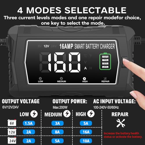 lifepo4 Charger 16-Amp Fully-Automatic Maintain,6V/12V/24V Lead-Acid(AGM/Gel/SLA)/Lithium lron LiFePO4 Trickle Charger,Pulse Repair Car Battery Charger,Deep Cycle