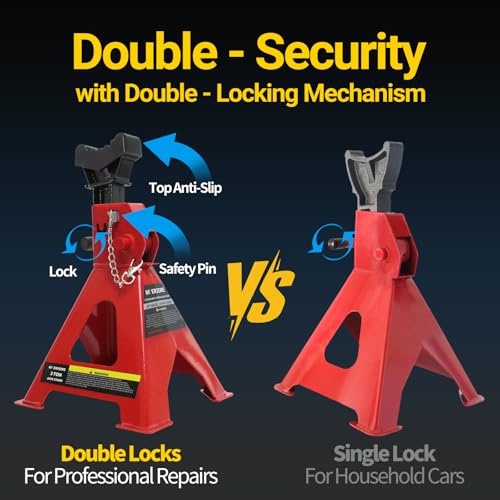 3 Ton Jack Stands, 1 Pair Heavy Duty Steel Car Jack Stands with Double Locking Pins, Adjustable Height for Cars, SUVs, Sedans and Vehicle Repair Maintenance(Red)