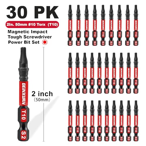 Geinxurn 30 Pieces T10 Impact Tough Magnetic Screwdriver Bit Set, 2 In. #10 Torx Head Power Bit Set, S2 Alloy Steel T10 Star Bit Set - size: 2"-30PCS, style: T10