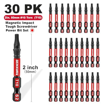 Geinxurn 30 Pieces T10 Impact Tough Magnetic Screwdriver Bit Set, 2 In. #10 Torx Head Power Bit Set, S2 Alloy Steel T10 Star Bit Set - size: 2"-30PCS, style: T10