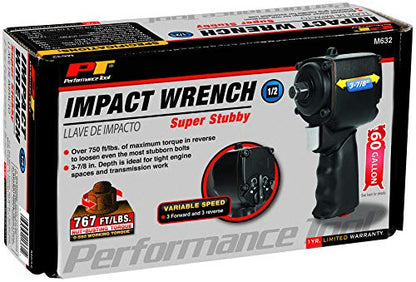 Performance Tool M632 1/2-Inch Drive Super Stubby Air Impact Wrench - Compact, High-Torque, Low Vibration for Tight Spaces & Heavy-Duty Use - size: 1/2 in. Dr. Stubby Air Impact Wr.