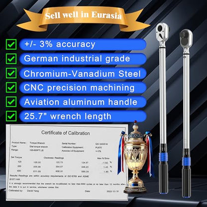 3/4'' 100-400 Ft Lb Torque Wrench Heavy Duty, Dual Direction, High hardness, Long lifetime, Stored In a Solid Case