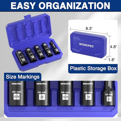 WORKPRO 5PCS Impact Socket Set 1/2" Drive, Lug Nut Socket Set, Wheel Socket Set Cr-Mo Steel, Includes 1PC 3" Extension Bar & 4PCS Flip Sockets of 6 Metric and SAE Sizes - size: 5pcs Flip Socket Set