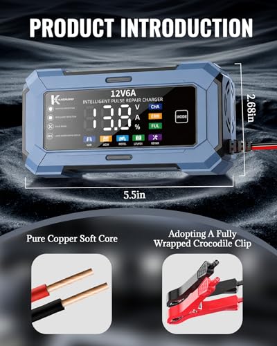 Car Battery Charger Battery maintainer for Automatic trickle Charger with Pulse Repair & Digital Display trickle Charger for car Battery 12v 6A Compatible with CAR AGM Moto LiFePO4 Batteries - color: Gray-blue