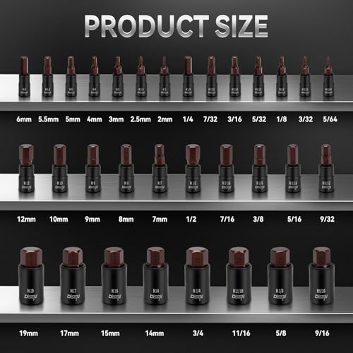 DISEN 32-Piece HEX Bit Socket Set | SAE & Metric Allen Wrench Socket Set with Enhanced Storage Case, Premium Heat Treated Chrome Vanadium Steel & S2 Alloy Steel - style: 1/4"& 3/8”& 1/2“ 32PCS HEX Bronw