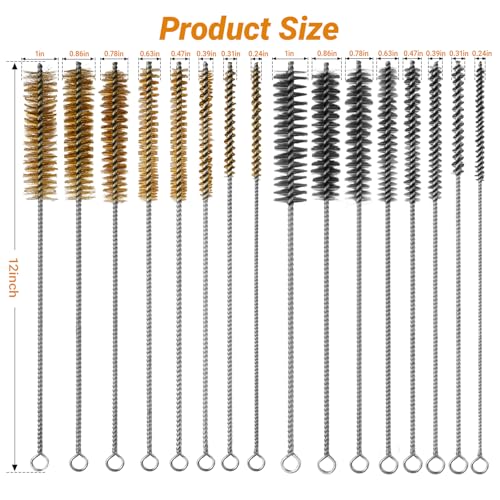 RAWILL 16Pcs Tube Cleaning Brush, Brass Stainless Steel Engine Cleaning Brushes, 12 Inch Long Round Wire Pipe Cleaner for Deep Pipes, Auto Parts, Engine Parts, 8 Sizes
