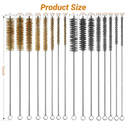 RAWILL 16Pcs Tube Cleaning Brush, Brass Stainless Steel Engine Cleaning Brushes, 12 Inch Long Round Wire Pipe Cleaner for Deep Pipes, Auto Parts, Engine Parts, 8 Sizes