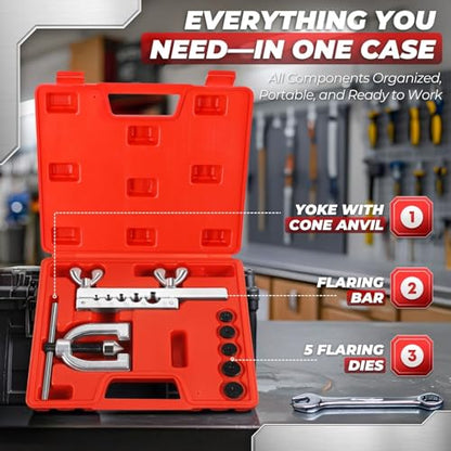 Flexzion SAE 45 Degree Double Flare Brake Line Flaring Tool Kit with (3/16, 1/4, 5/16, 3/8, 1/2") Adapters Dies Automotive Copper Steel Aluminum Brake Fuel Hydraulic Line Tubing Fitting Case Set