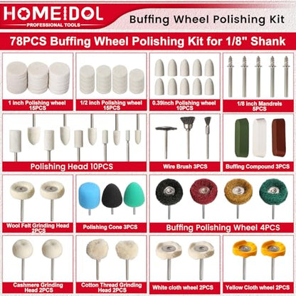 78PCS Buffing Wheel for Dremel Polishing Kit, HOMEIDOL 1/8" Shank Polishing Buffing Wheel for Dremel Tool Accessories with Buffing Compound, Abrasive Wheel Buffing Polishing Wire Brush Polishing Bits
