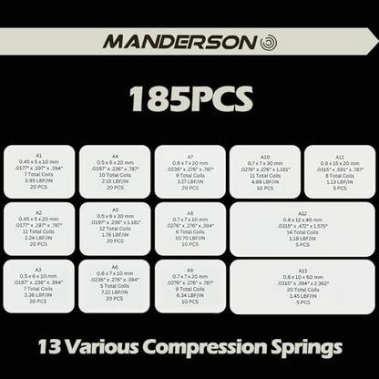 Manderson 185 Pcs Compression Springs Assortment Kit, 13 Different Sizes, Stainless Steel Springs, Mechanical Springs, for Home Repair