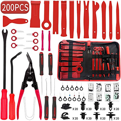 Trim Removal Tool, 200PCS Trim Tool Auto Removal Kit, Plastic Panel Fastener Removal Tool, Trim Removal Kit for Car/Trim/Panel/Door/Audio/Auto Clip Pliers/Terminal Removal Tool Kit (Red) - color: Red-200PCS