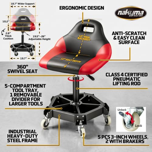 Rolling Shop Stool with Wheels, 330 LBS Capacity Garage Stool Mechanic Stool Seat with Backrest and Tool Tray Storage, Pneumatic Work Chair Adjustable Height Mechanic Chair for Workshop, Red