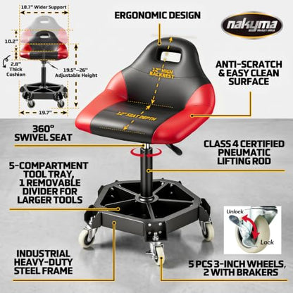 Rolling Shop Stool with Wheels, 330 LBS Capacity Garage Stool Mechanic Stool Seat with Backrest and Tool Tray Storage, Pneumatic Work Chair Adjustable Height Mechanic Chair for Workshop, Red