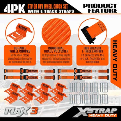 XSTRAP STANDARD 4-Pack Wheel Chock E-Track Tie Down Straps Kit, 2" x 9FT | 4,500lb Break Strength Over-The-Tire Ratchet Straps with Steel Wheel Chocks for ATV, UTV, Lawn Mower, Trailer Hauling, Orange - size: Orange-4PK-9FT