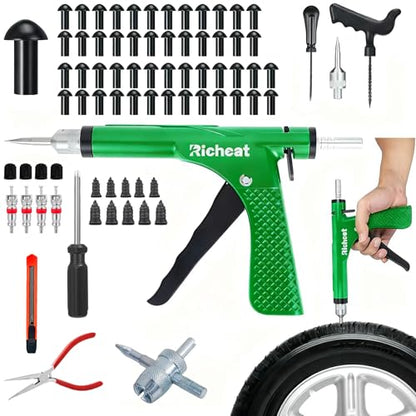 Richcat Tubeless Tire Puncture Repair Kit with Mushroom Plug, Repairs punctures and Flat Tires for Motorcycles, Cars, Trucks, ATVs,Gun Puncture Repair Kit - size: 50Plugs Kit