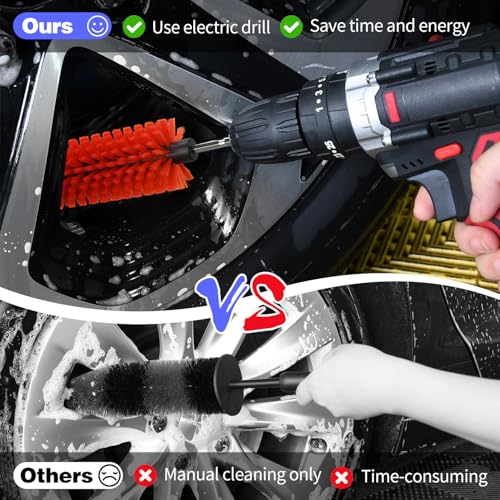 1 Pack Drill Brush for Car Wheel and Bottle(Red) | for Wheels, Rims, Engines, Exhaust, Bottle - color: 1 Pack Red