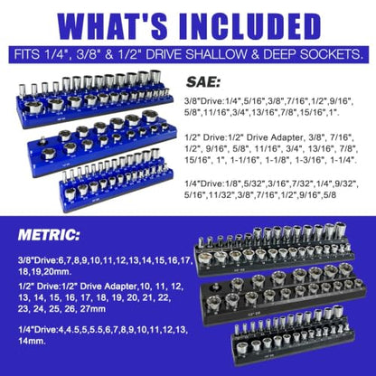 6Pcs Magnetic Socket Organizer, 1/4" 3/8" 1/2" SAE & Metric Socket Holder Tray | Holds 143 Sockets（Sockets Not Included）