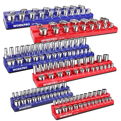 WORKPRO Magnetic Socket Organizer Set, 6-Piece Socket Holder Set Includes 1/4", 3/8", 1/2" Drive Metric SAE Socket Trays, Holds 143 Pieces Sockets, Christmas Gift for Men(Socket not Included) | 1/4", 3/8", 1/2" DR Socket Trays, Holds 143-Piece Sockets, Su