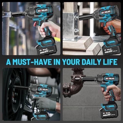 GEVEELIFE 1200N.m (900Ft-lbs) Brushless Impact Wrench, 1/2" Cordless Impact Driver with 2x 4.0Ah Battery, Fast Charger & 5 Sockets, High Torque, Electric Impact Gun for Car/Truck/RV/Mower