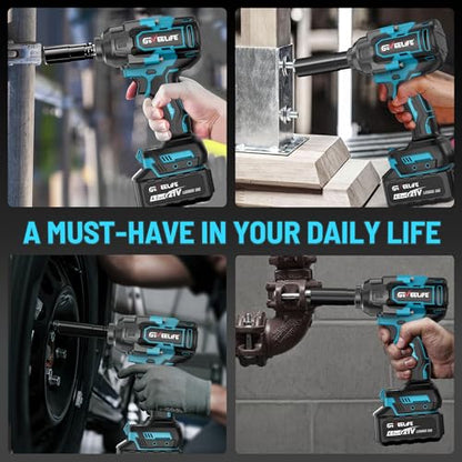 GEVEELIFE 1200N.m (900Ft-lbs) Brushless Impact Wrench, 1/2" Cordless Impact Driver with 2x 4.0Ah Battery, Fast Charger & 5 Sockets, High Torque, Electric Impact Gun for Car/Truck/RV/Mower