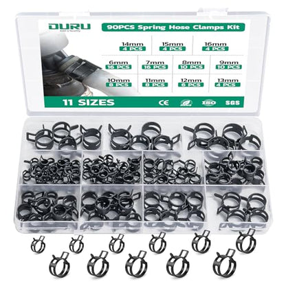 OURU Spring Band Hose Clamps Assortment kit, 90Pcs, 6-16mm | Constant Tension Hose Clamps, For Fuel Lines, Silicone, Vacuum Hoses, Low-Pressure Air Clips - size: 90PCS (6-16mm)