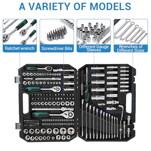 216 Piece Mechanics Tool Socket Set, Comprehensive Auto Repair Tool Kit with Ratchet Wrenches, Combination Wrenches, Screwdriver Bits, Storage Blow Mold Case for Car Motorcycle Household Maintenance