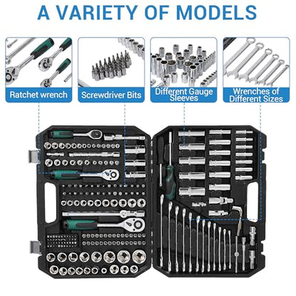 216 Piece Mechanics Tool Socket Set, Comprehensive Auto Repair Tool Kit with Ratchet Wrenches, Combination Wrenches, Screwdriver Bits, Storage Blow Mold Case for Car Motorcycle Household Maintenance
