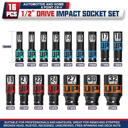 16 Piece 1/2" Drive Impact Socket Set, 10-32 mm Thicker Deep Sockets, Metric Socket Set, 6-Point, Cr-V, Automotive and Home - size: 1/2" 16pcs Metric