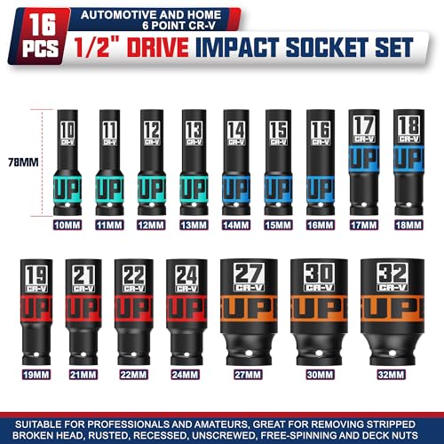 16 Piece 1/2" Drive Impact Socket Set, 10-32 mm Thicker Deep Sockets, Metric Socket Set, 6-Point, Cr-V, Automotive and Home - size: 1/2" 16pcs Metric