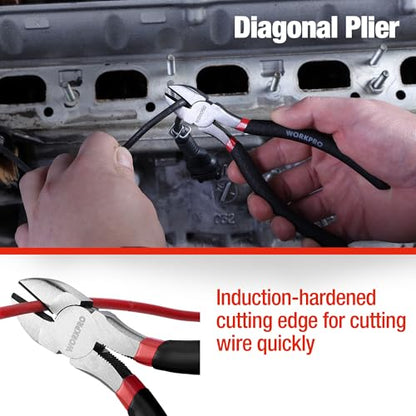 WORKPRO 7-piece Pliers Set, Black | Groove Joint Piler, Long Nose Piler, Slip Joint Piler, Linesman Piler, Diagonal Pliers for DIY & Home Use - color: Red, Black