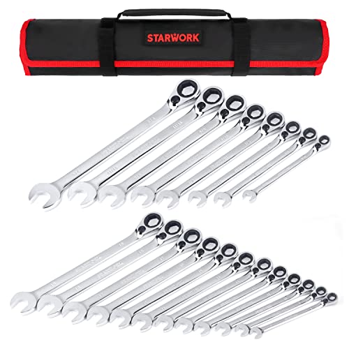 STARWORK TRUE MECHANIC™ 20 Pc. Reversible Ratcheting Wrench Set, Combination Ratchet Wrench Set, Non-Slip, Long Pattern, 6-Point 15° Offset, Professional, SAE/Metric (5/16-3/4" & 8-19 mm)
