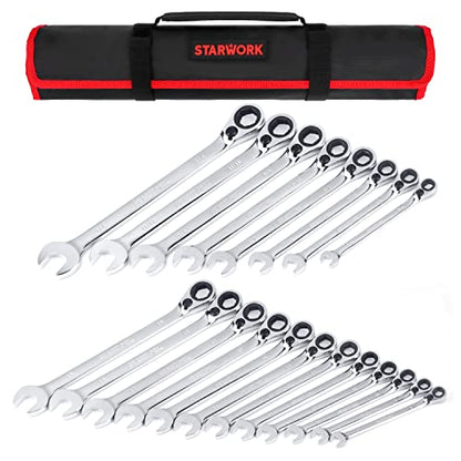 STARWORK TRUE MECHANIC™ 20 Pc. Reversible Ratcheting Wrench Set, Combination Ratchet Wrench Set, Non-Slip, Long Pattern, 6-Point 15° Offset, Professional, SAE/Metric (5/16-3/4" & 8-19 mm)