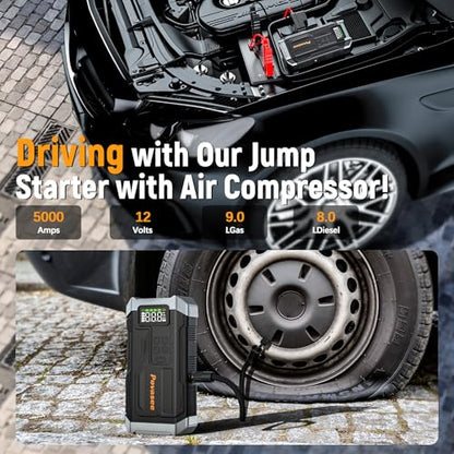 [2026NEW Model] 5000A Jump Starter with Air Compressor,Car Jumper Starter Portable with 150PSI Tire Inflator 12V Jump Box with LCD Display,Flashlight,Storage Case (Up 9L Gas/8L Diesel Engine - style: With Air Compressor