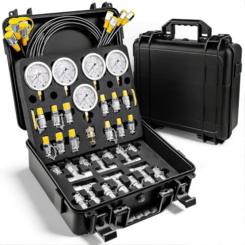 Hydraulic Pressure Test Kit with Storage Case | 5 Gauges 10-600 Bar/150-10000 PSI, 13 Couplings, 14 Connectors, 5 Hoses, Hydraulic Test Kit for Excavator & Construction