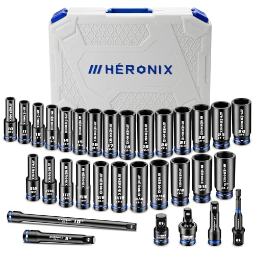 32-Piece 1/2" Drive Impact Socket Set with High-Vis Blue Rings & White Case, Deep SAE & Metric Sockets 10-24mm & 3/8"-1", Cr-V 6-Point Mechanic Tool Set with Extension Bars & Adapters