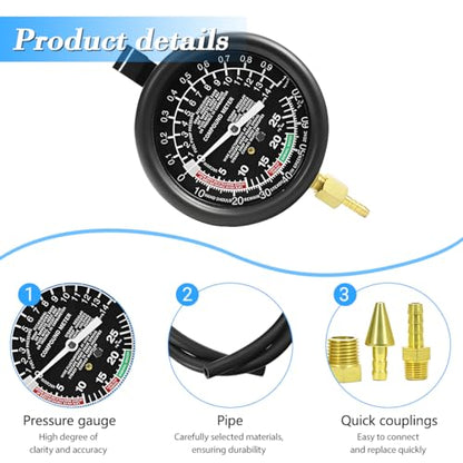 Car Fuel Pump and Vacuum Tester Gauge, 9PCS Vehicle Carburetor Pressure Diagnostics Leakage Tool Kit, Automotive Fuel Pump Testing Meters, Universal for SUV Sedan Truck