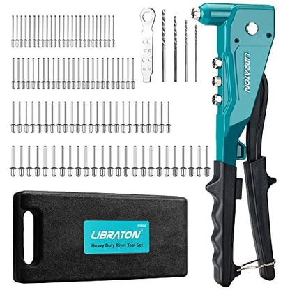 Libraton Heavy Duty Rivet Gun, Pop Rivet Gun Set, Professional Hand Riveter, Manual Riveting Tool with 110Pcs Rivets and 4 Interchangeable Heads, for Metal, Wood and Plastic - size: Heavy-duty Rivet Gun