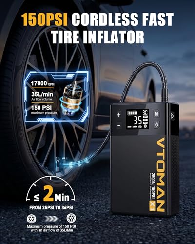 VTOMAN X1 Jump Starter with Air Compressor, Car Battery Jumper Starter (Up to 8.5L Gas/6L Diesel Engine) with 150PSI Auto Tire Inflator, 12V Portable Booster Pack, Lithium Jump Box Charger-Black - color: Black
