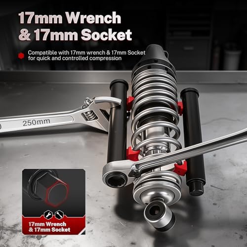 BILITOOLS Motorcycle Shock Spring Compressor Set, Pair for Rear Coil & ATV | Heavy-Duty Pair with 17mm Wrench & 7 Spring Protectors for Safe, Balanced Coil Spring Removal and Installation on Motorcycles